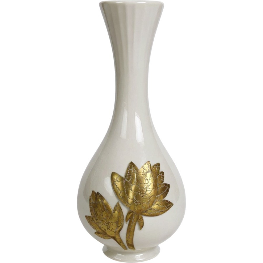 Vintage Cream‎ Ceramic Bud Vase Gold Leaf Lotus Flower 8" Artist Signed MCM